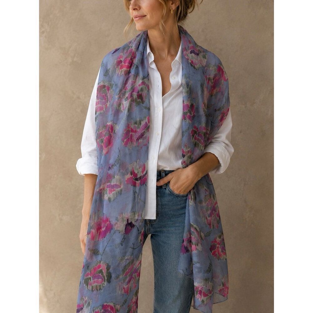 LOFT Floral Lightweight Oblong Scarf Blue Pink Watercolor Print Wrap Shawl
